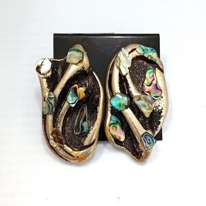 Jeff Lieb Bold Clip On Statement Earrings Abalone Shell Silver Tone Brutalist 2"
